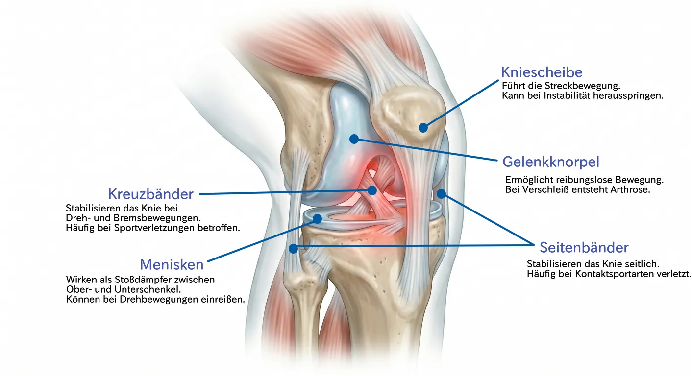 Anatomie des Kniegelenks – Kniescheibe, Gelenkknorpel, Kreuzbänder, Menisken und Seitenbänder